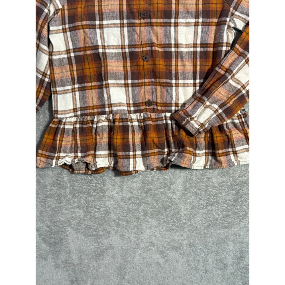 Childrens Place Girls Brown Orange Plaid Flannel Peplum Button Down Top 10/12